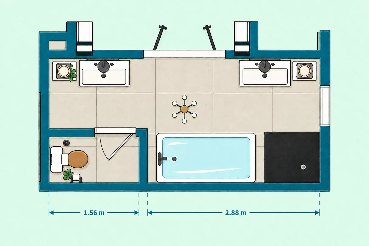 Master bathroom layout with two separate vanities, bathtub, shower, and private toilet room