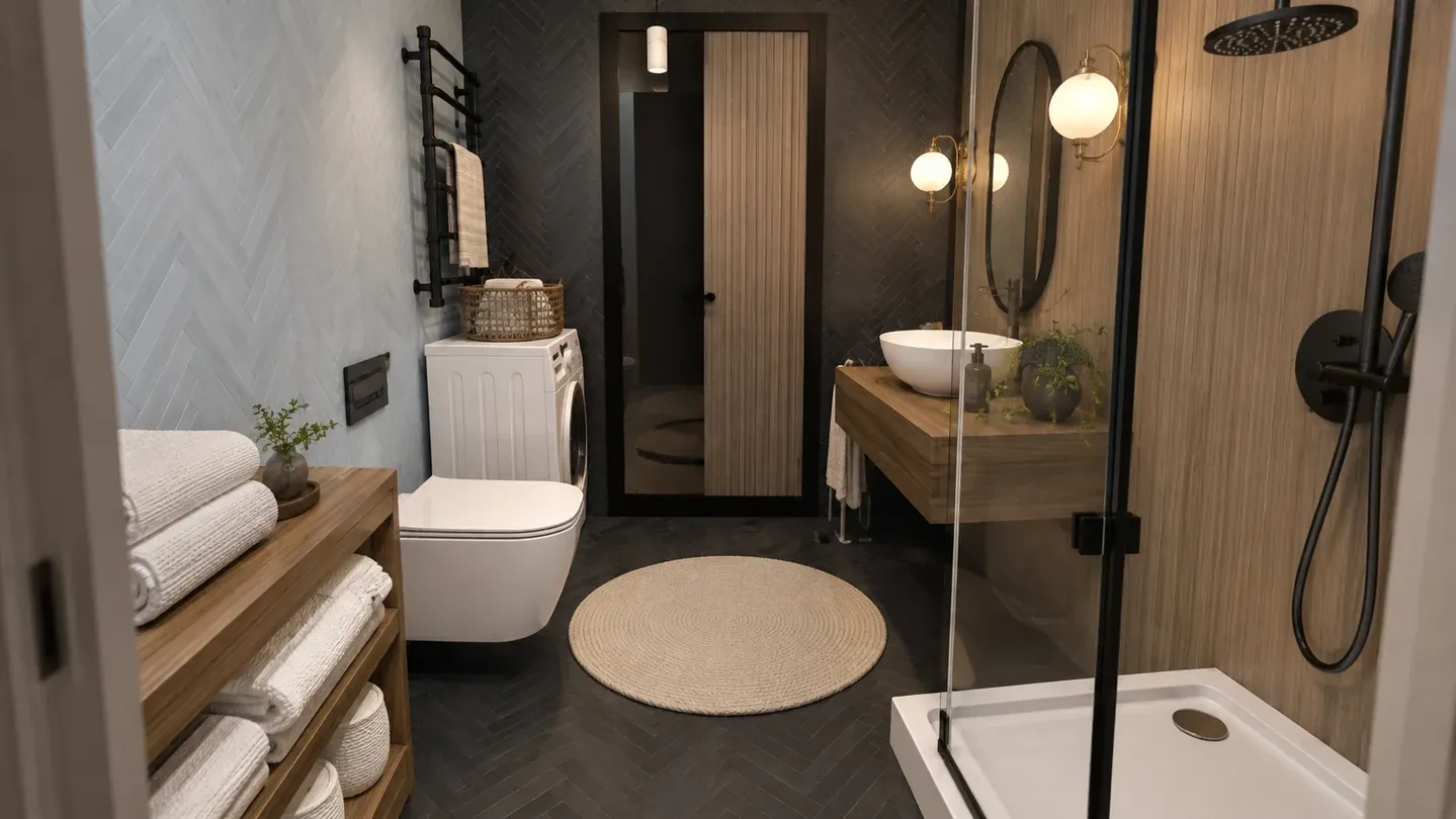 Modern master bathroom with glass corner shower, wood vanity, wall-hung toilet, washing machine, and open towel shelves