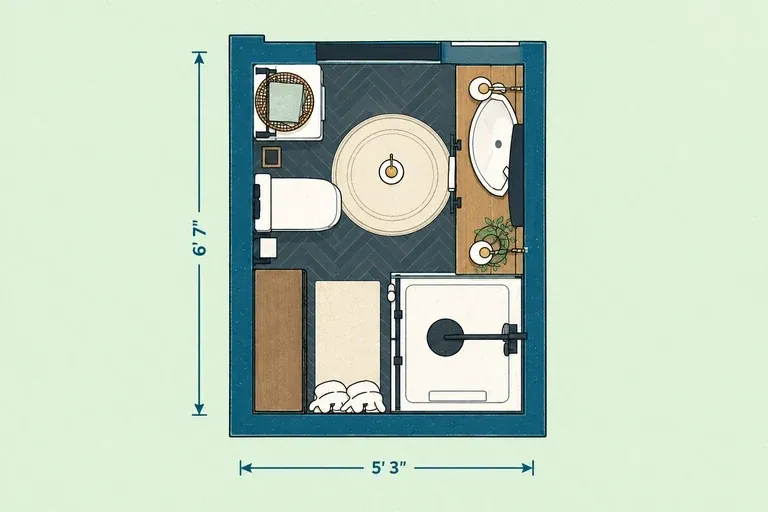 Modern master bathroom layout with corner shower, vanity, toilet, washing machine, and open towel storage