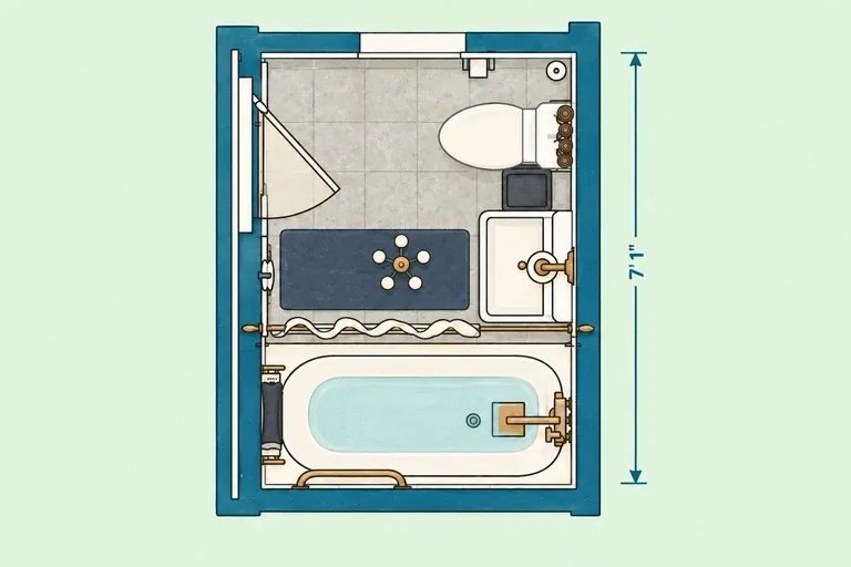 Narrow bathroom layout with tub-shower combination, toilet and vanity measuring 7 ft 1 in long