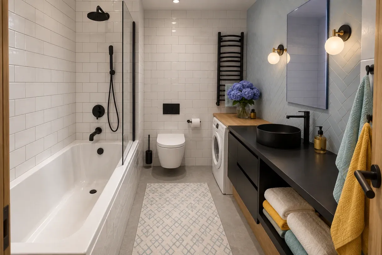 Narrow master bathroom with tub-shower, wall-hung toilet, washing machine, black vanity, and open towel storage