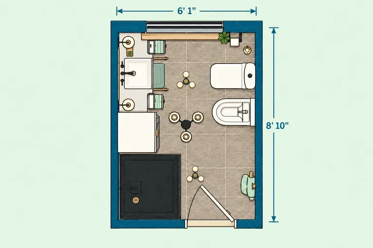 Narrow small bathroom layout with walk-in shower, toilet and vanity measuring 6 ft 1 in by 8 ft 10 in