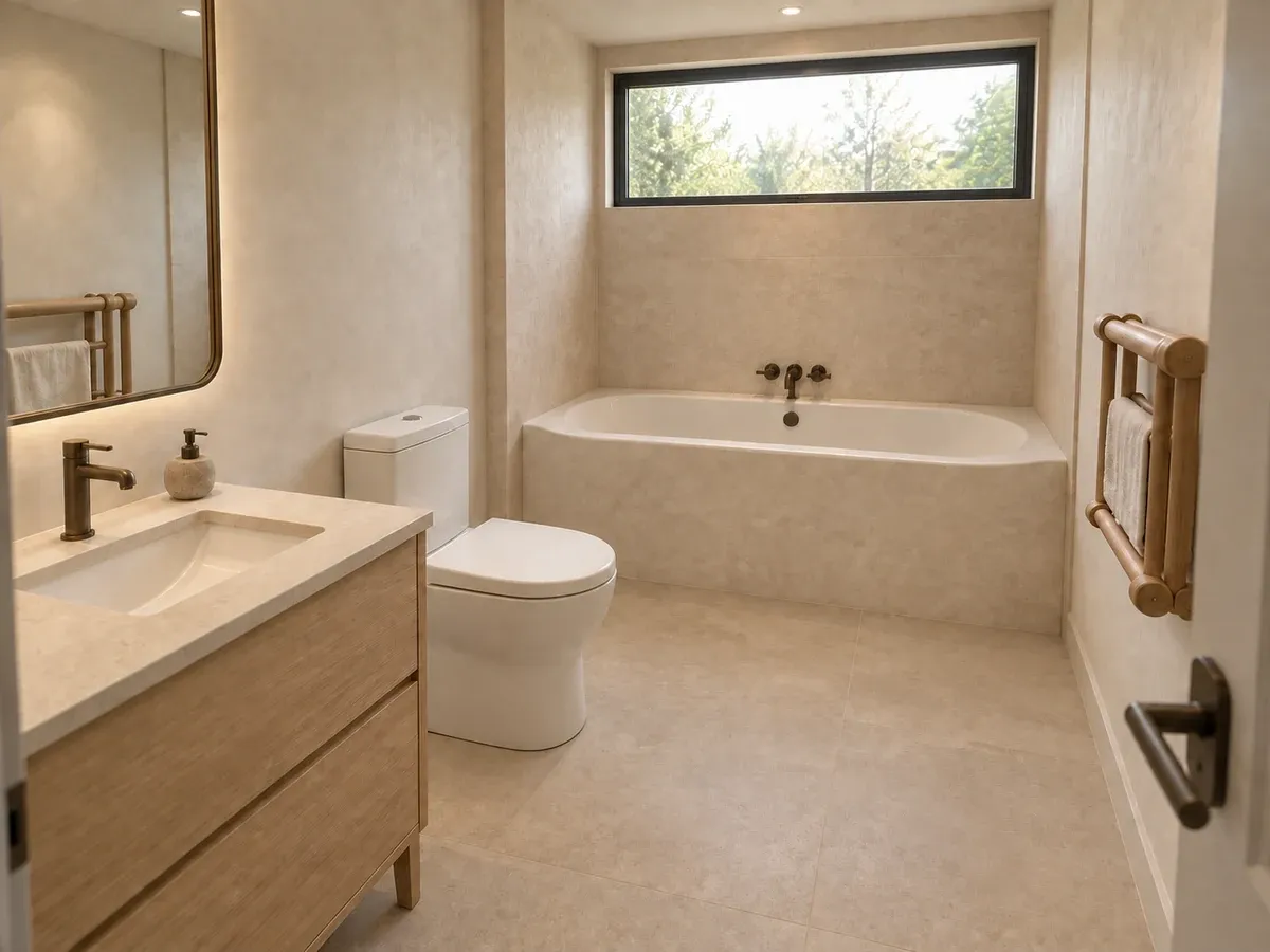Neutral master bathroom with light wood vanity, toilet, and bathtub under a wide window