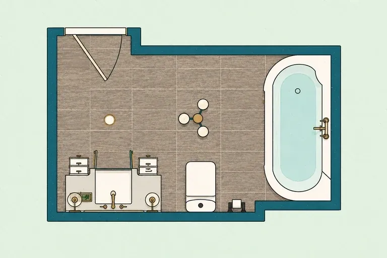 Open master bathroom layout with vanity, toilet, freestanding bathtub, and clear central area