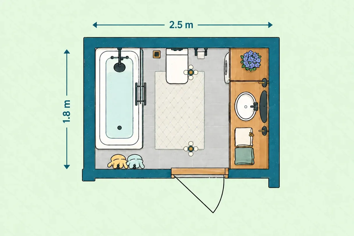 Rectangular full bathroom layout with tub, toilet and long vanity