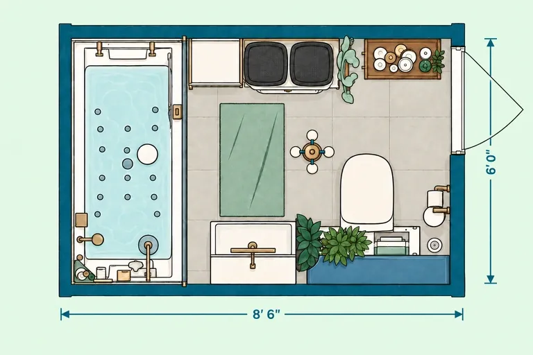 Small bathroom layout with long bathtub, vanity and toilet
