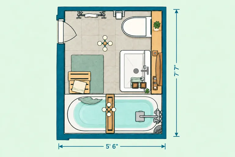 Small bathroom floor plan with tub, vanity and toilet arranged around one plumbing side