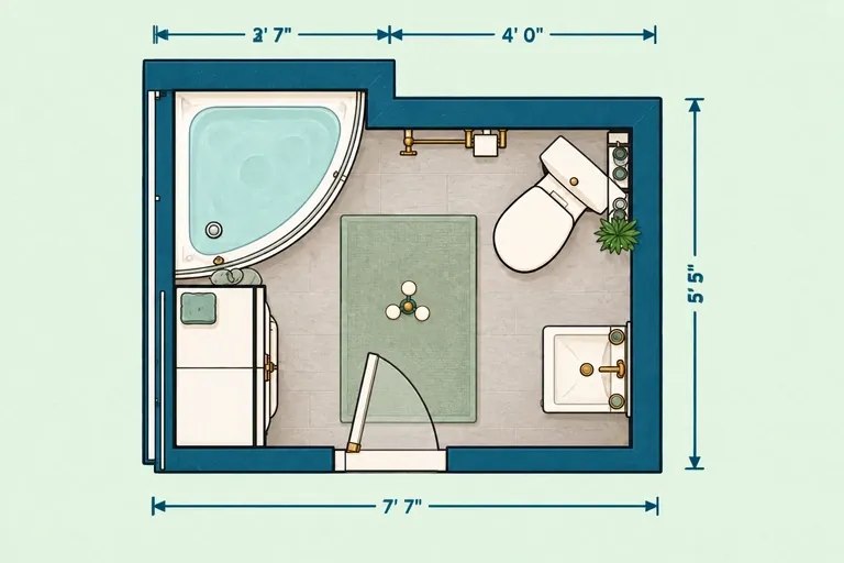 Compact bathroom layout with bathing area, toilet and vanity on opposite walls