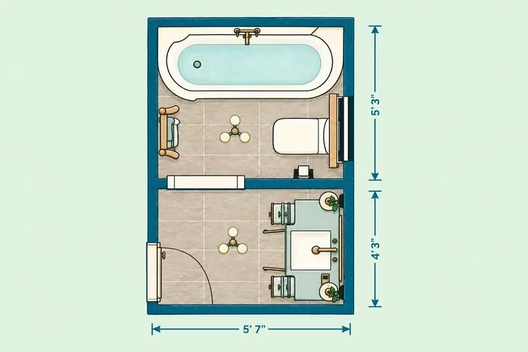 Small bathroom layout with separate vanity and bathing zones measuring 5 ft 7 in by 9 ft 6 in