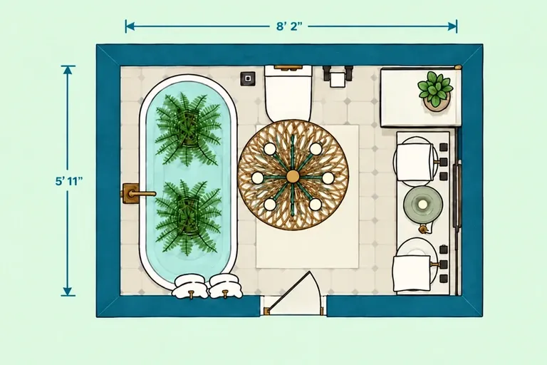 Small bathroom layout with bathtub and extended vanity storage