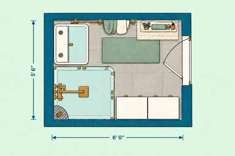 Small bathroom layout with large walk-in shower measuring 6 ft by 5 ft 6 in