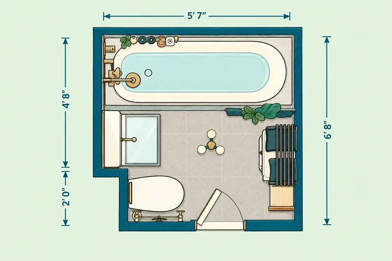Small full bathroom layout with bathtub, toilet and vanity measuring 5 ft 7 in by 6 ft 8 in