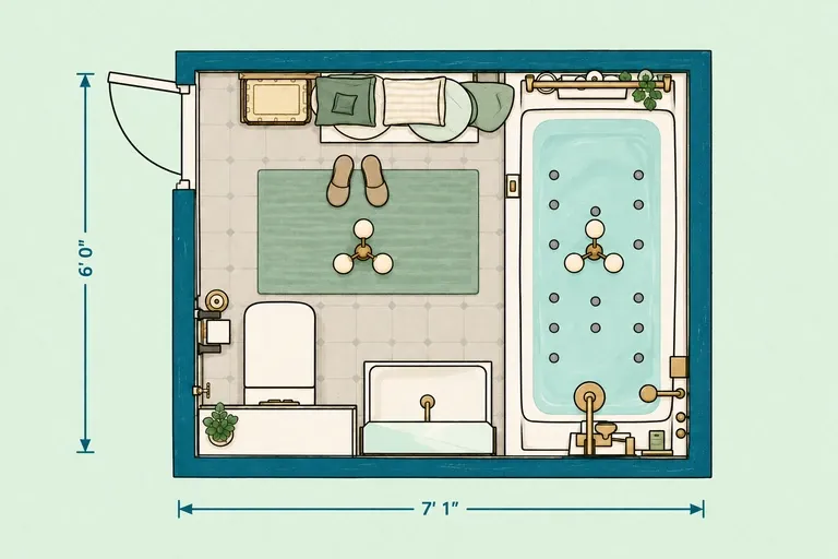 Small full bathroom layout with bathtub along the side wall, toilet and vanity
