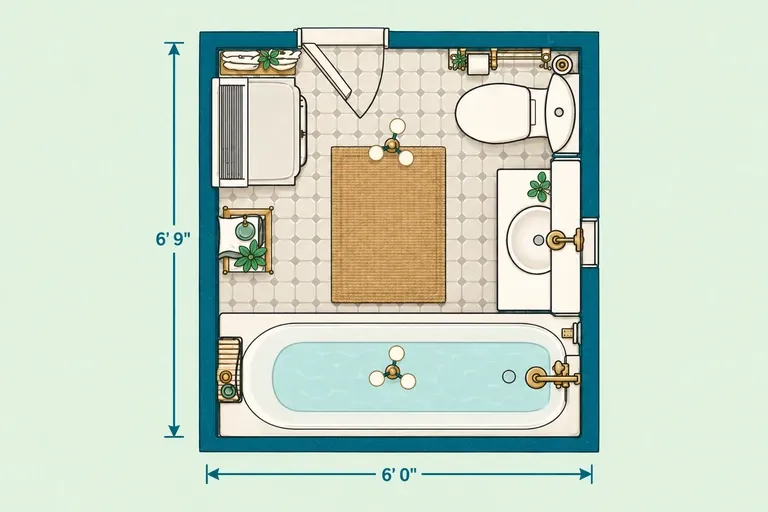 Small full bathroom layout with bathtub across the short wall, toilet and vanity
