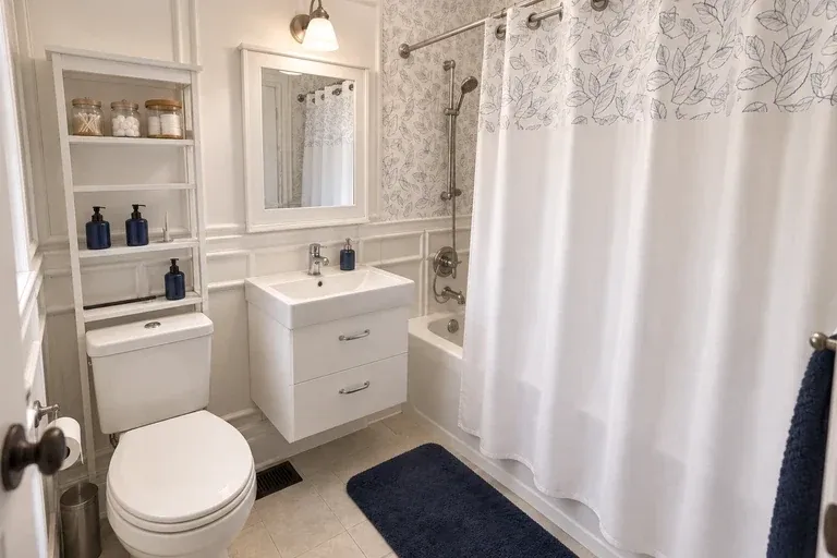 Small white bathroom with tub shower, wall-mounted vanity, toilet, and shelving above the toilet
