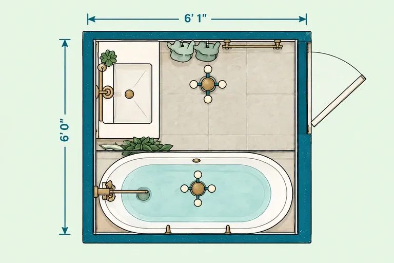 Small square bathroom layout with full-width bathtub and basin