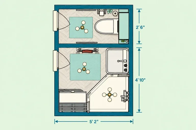 Tiny split bathroom layout with corner shower and separate toilet zone