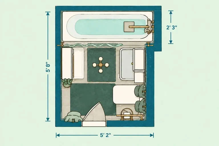 Tiny full bathroom layout with bathtub, toilet and basin measuring 5 ft 2 in by 5 ft 8 in