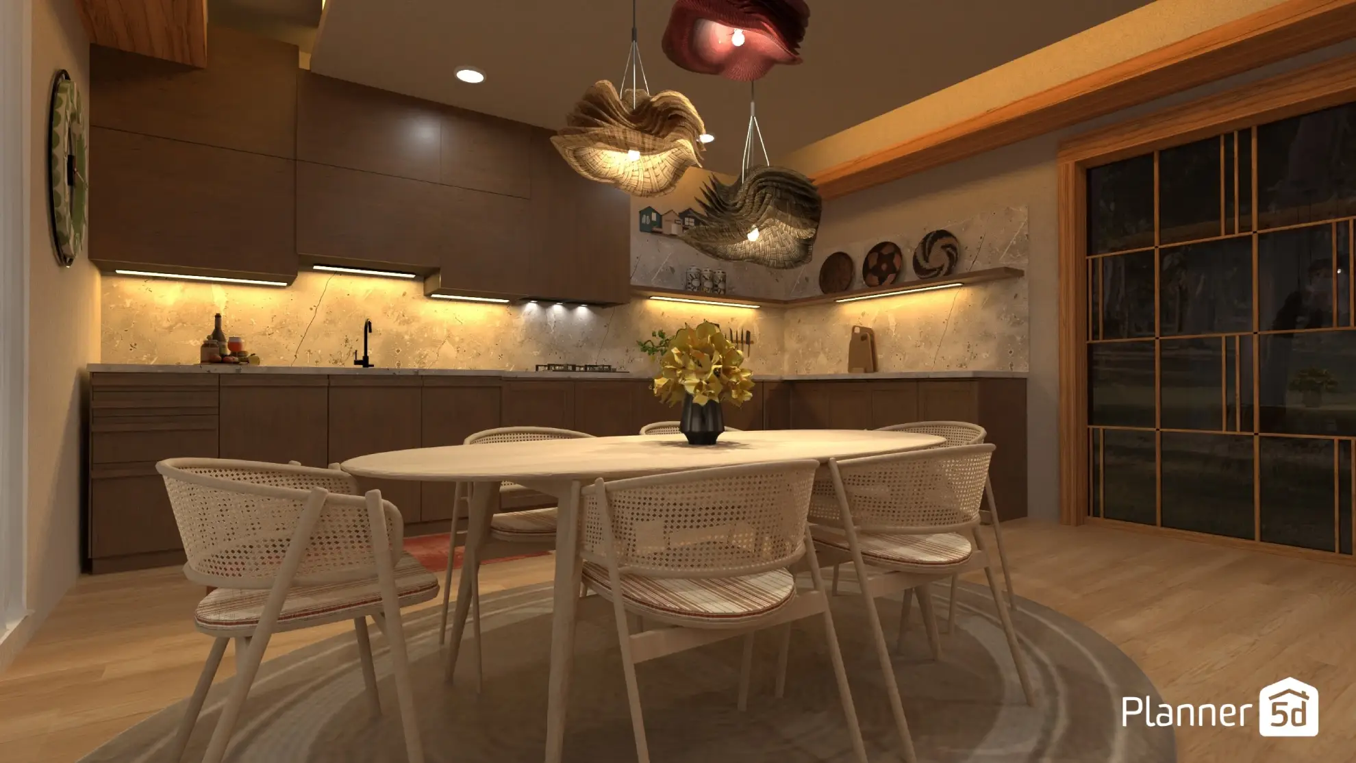 3D render of a Japandi kitchen, japandi interior design