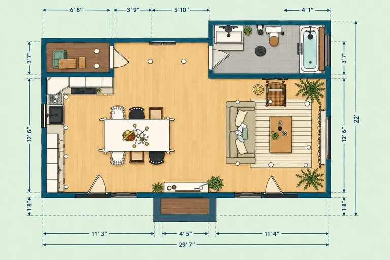 Open studio house floor plan with an L-shaped kitchen, dining table, lounge, bathroom, and storage closet.