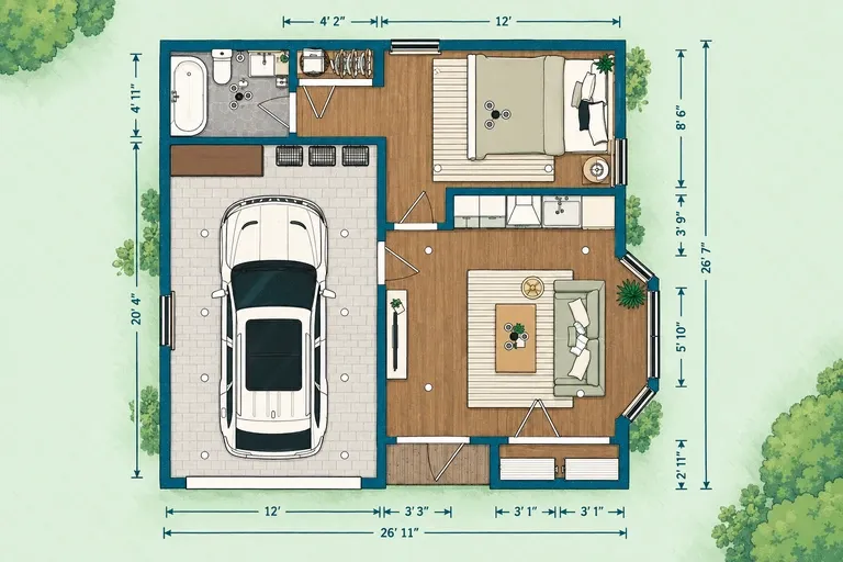 Compact one-bedroom house floor plan with an open kitchen and lounge, separate bedroom, bathroom, storage, and attached garage.