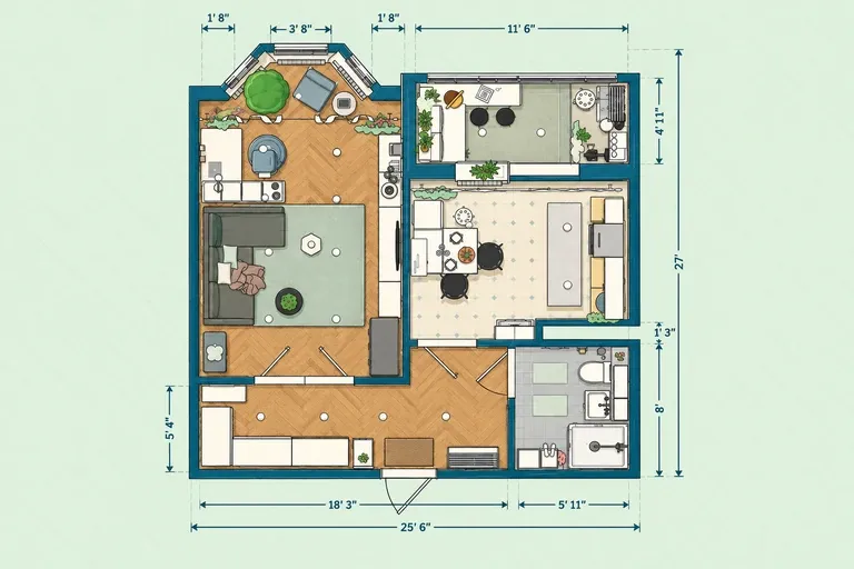 Studio apartment floor plan with a convertible sofa bed, kitchenette, bathroom, and integrated storage.