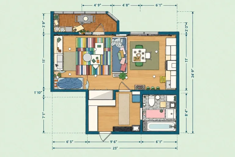 Family studio apartment floor plan with a curtained child's sleeping nook, sofa bed, kitchen, dining area, bathroom, laundry, and balcony.