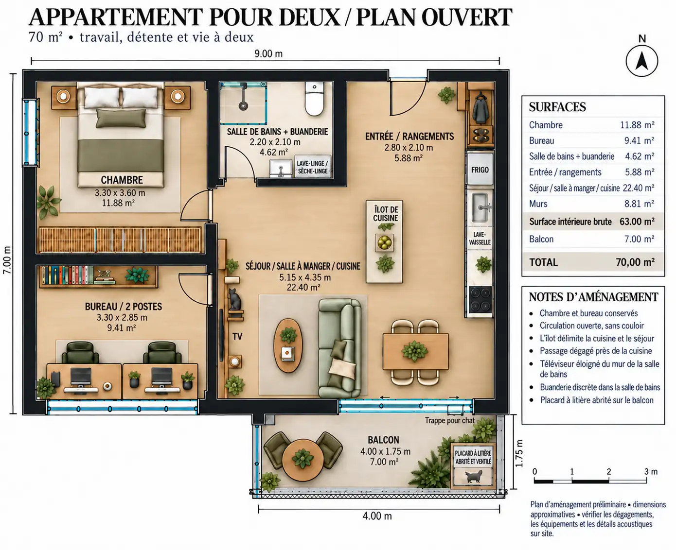 Plan final de l'appartement de 70 m² : chambre et bureau avec deux postes à gauche, salle de bains avec buanderie en haut, séjour ouvert avec îlot de cuisine à droite et balcon avec espace prévu pour la litière en bas.