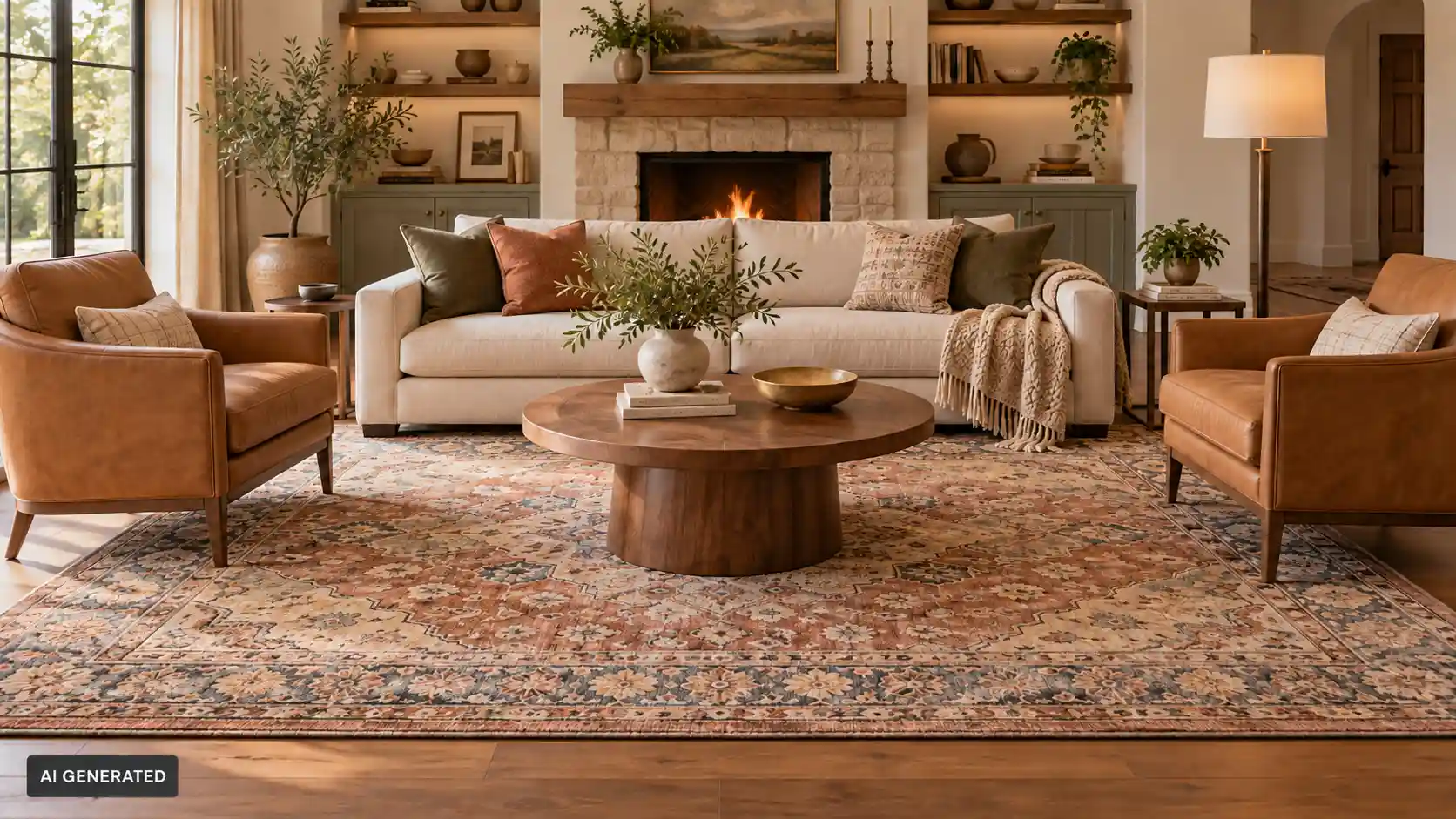 Living room with a large area rug placed under the sofa and armchairs.