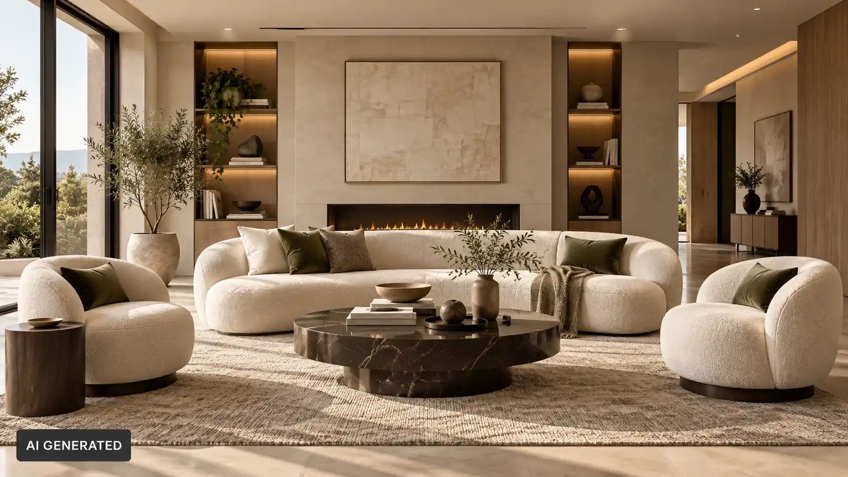 Living room arranged around a coffee table with sofa, armchairs and built-in shelving.