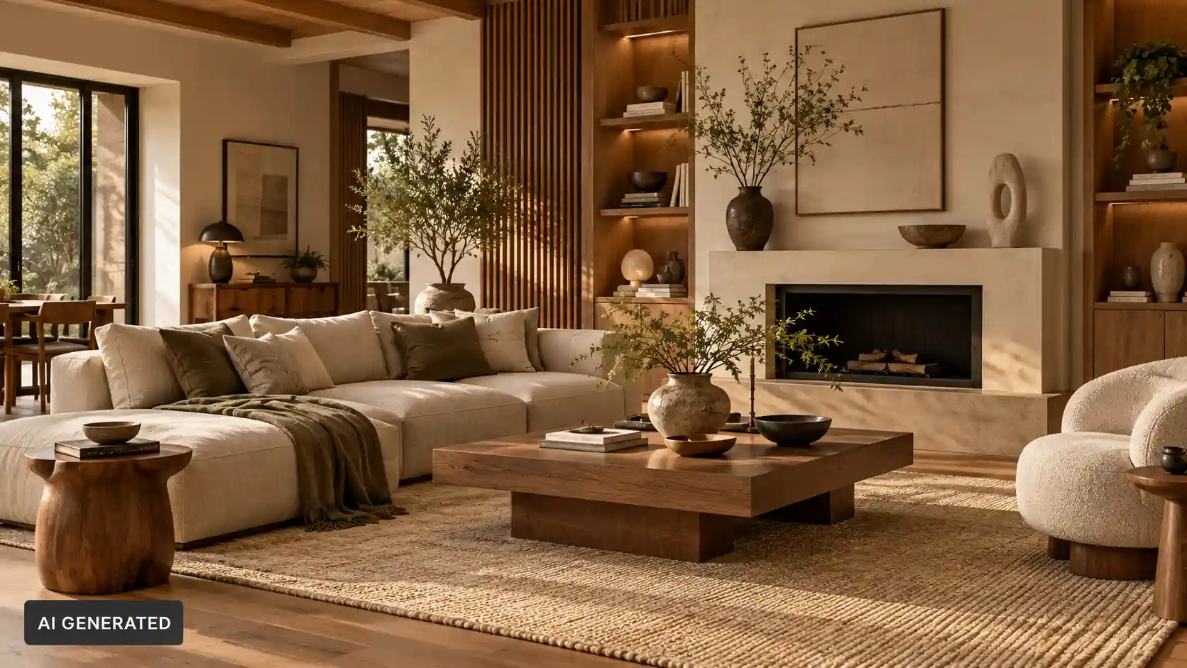 Warm modern living room with a neutral sectional sofa, wooden coffee table, textured rug, built-in shelving, and a minimalist fireplace.