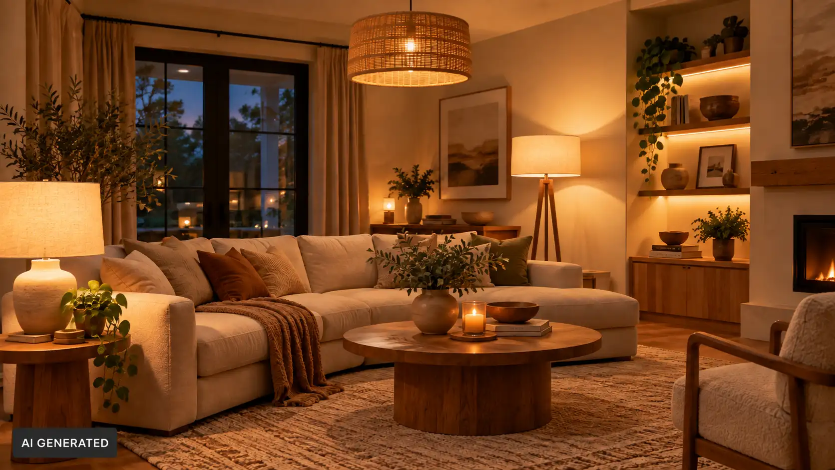 Living room at night with ceiling light, floor lamp, table lamp and accent lighting.