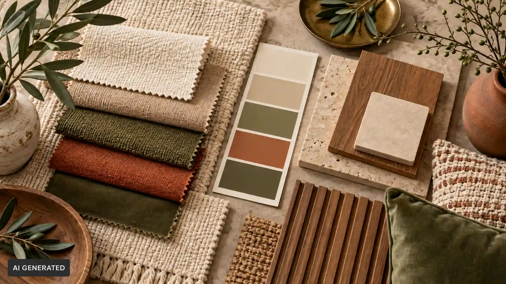 Living room color palette with fabric swatches, wood samples and neutral earthy tones.