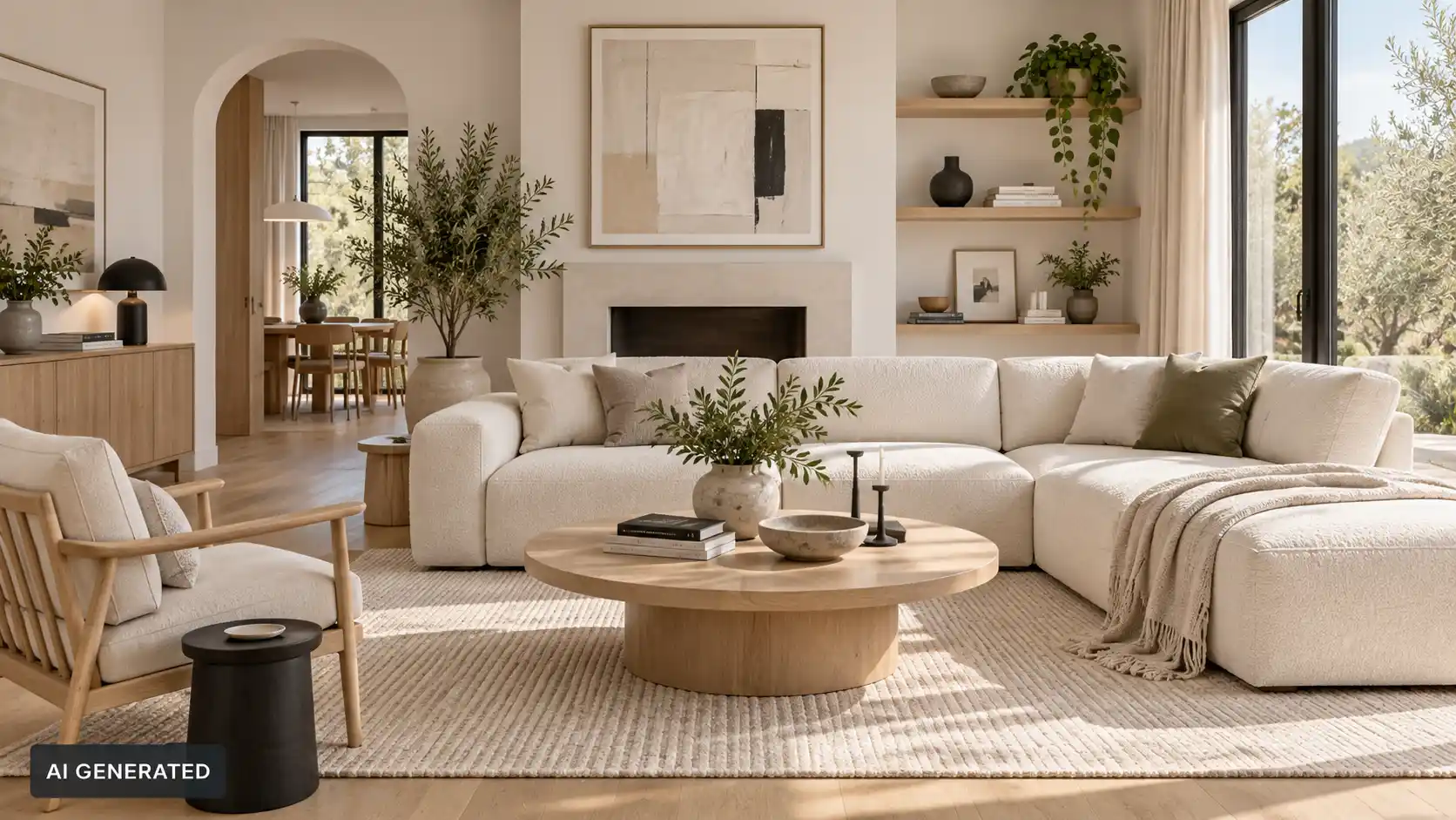 Small and modest living room with a gray sofa, wooden armchair, round coffee table, woven rug, floor lamp, TV console, and simple neutral decor with plants.