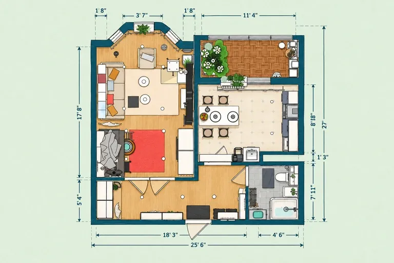 Studio floor plan with separate sleeping, lounging, working, kitchen, dining, storage, and bathroom areas.