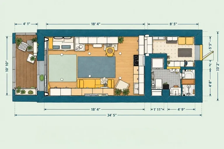 Long studio apartment floor plan with a sofa, daybed, workspace, linear kitchen, bathroom, wall storage, and balcony.