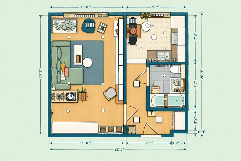 Family studio floor plan with a convertible sleeping and living area, sliding divider, kitchen, dining nook, bathroom, and storage.