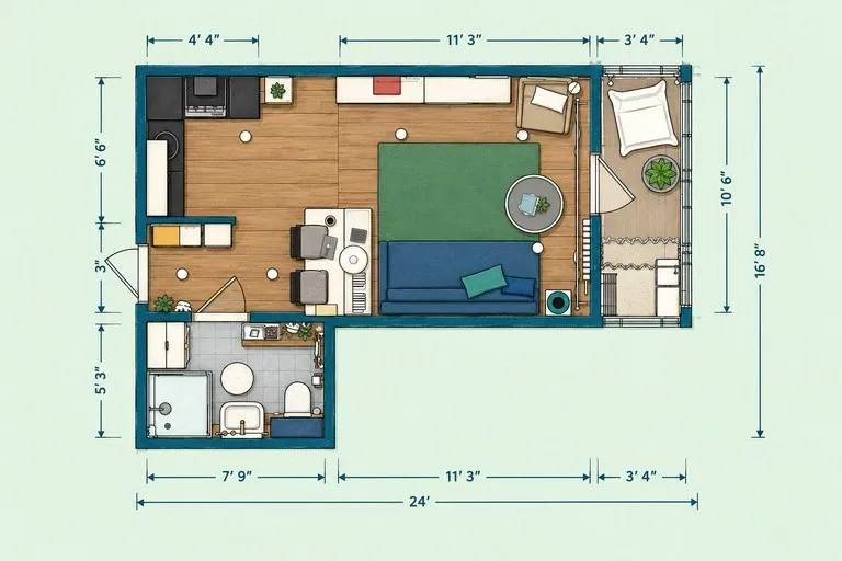 Multifunctional studio apartment floor plan with a convertible sofa bed, desk nook, compact kitchen, bathroom, entry storage, and balcony