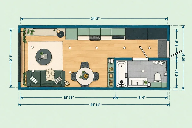 Long studio apartment floor plan with a galley kitchen, dining nook, combined living and sleeping area, bathroom, and large window.