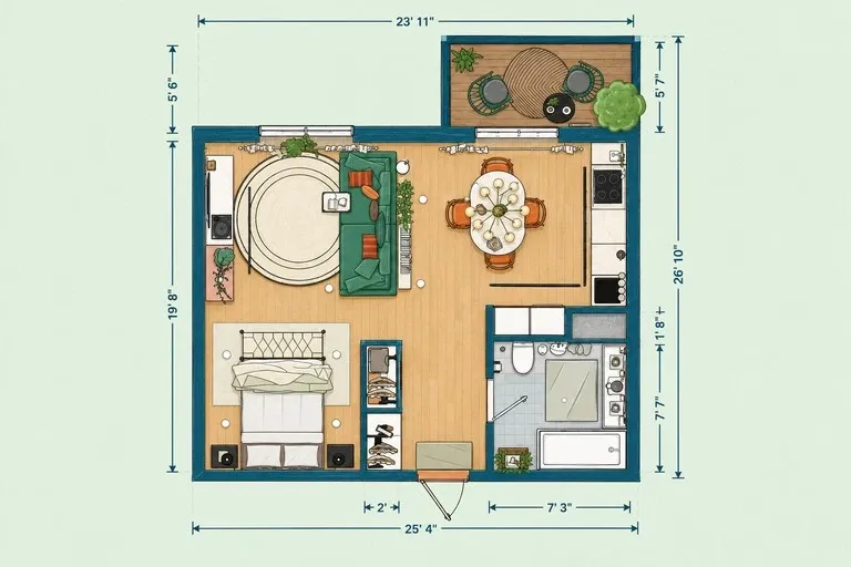 Open-concept studio apartment floor plan with a sleeping alcove, sofa, dining table, kitchen, bathroom, and large windows.