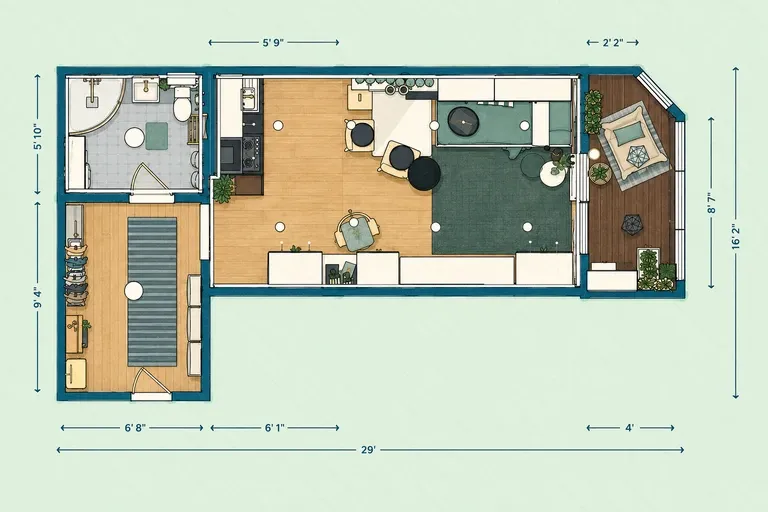Open studio apartment floor plan with combined sleeping and living areas, compact kitchen, bathroom with laundry, entry storage, and balcony.