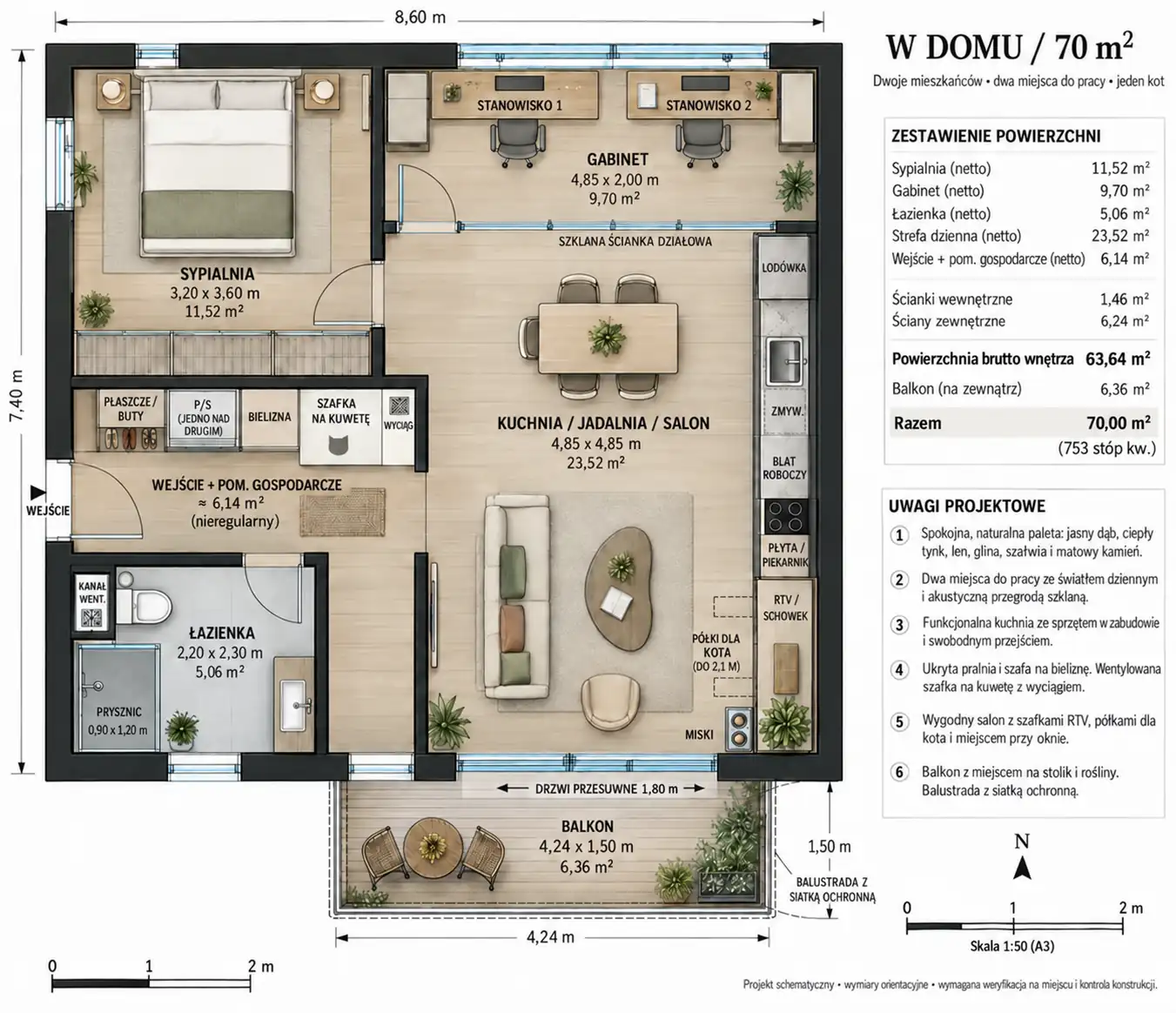 Pierwszy rzut mieszkania o powierzchni 70 m²: sypialnia u góry po lewej, gabinet z dwoma biurkami u góry po prawej, łazienka przy wejściu, otwarty salon z kuchnią oraz balkon na dole.