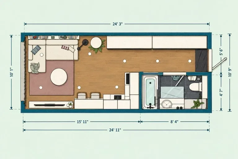 Narrow studio floor plan with an L-shaped kitchen, breakfast bar, combined living and sleeping area, bathroom, and built-in cabinets.