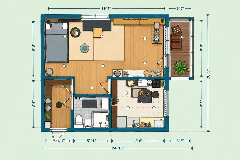 Scandinavian studio apartment floor plan with a daybed, window-side workspace, kitchen, bathroom, shelving, and balcony.