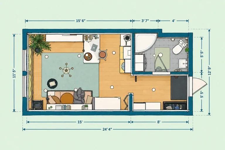 Small studio apartment floor plan with a multifunctional daybed, compact kitchen, bathroom, and separate entry storage.
