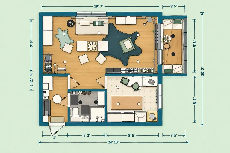 Studio floor plan with a convertible sofa bed, separate kitchen, bathroom, wardrobes, media storage, and balcony.