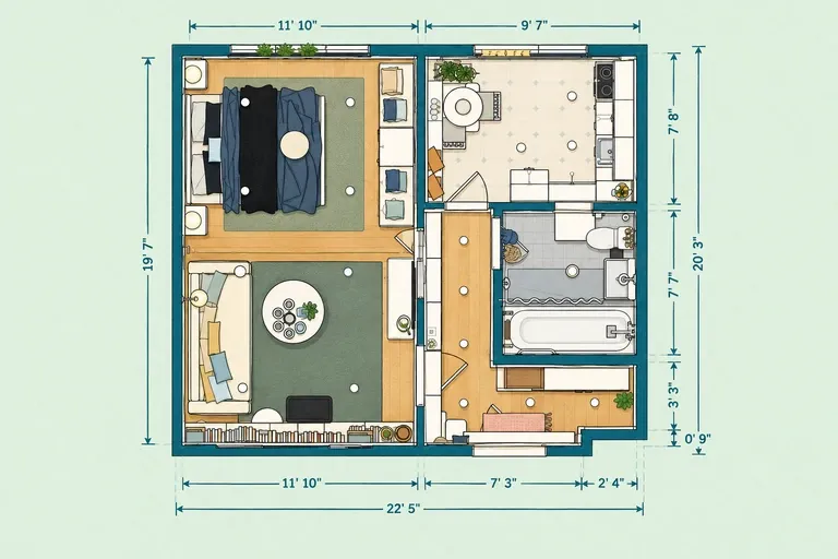 Studio apartment floor plan with a partially separated double bed, lounge, U-shaped kitchen, dining nook, bathroom, and entry storage.