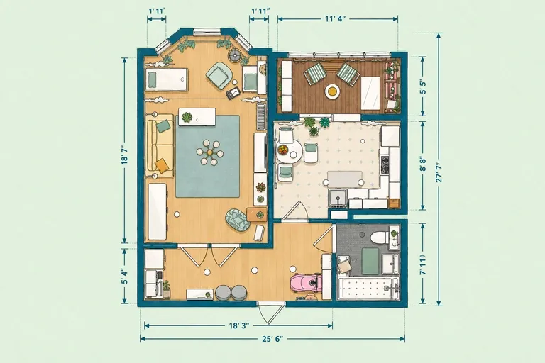  Studio apartment floor plan with a living and sleeping area, curtained nursery nook, L-shaped kitchen, bathroom, storage, and balcony.