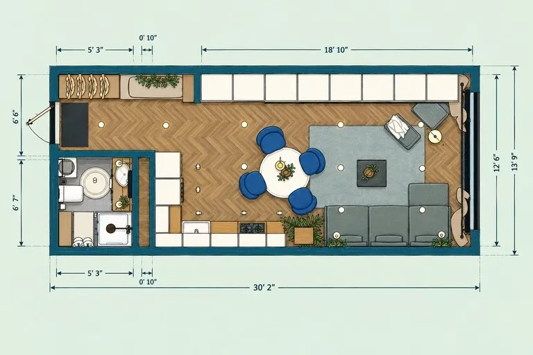 Studio apartment floor plan with an L-shaped kitchen, round dining table, sectional sofa, bathroom, and integrated laundry.