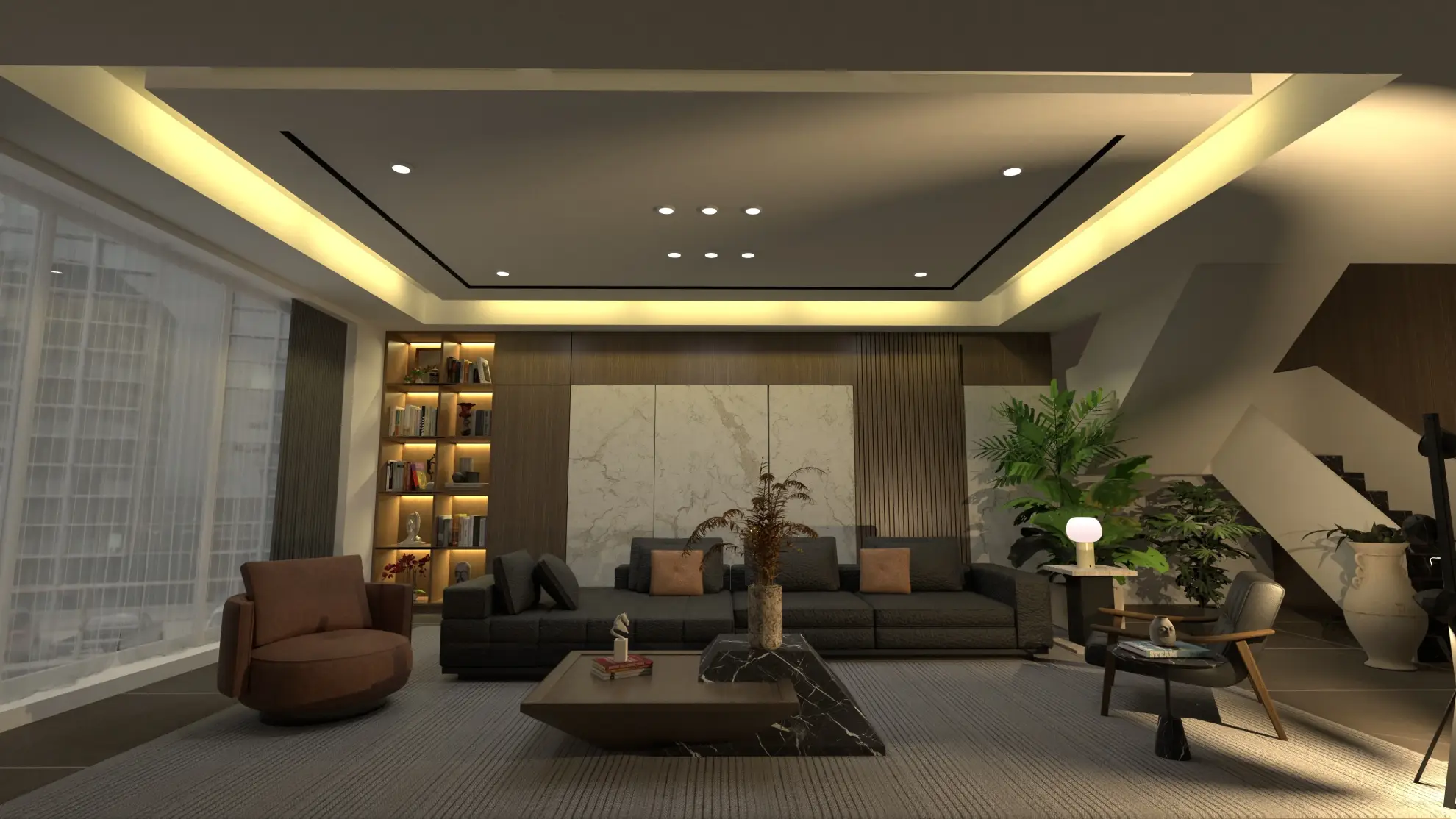render 3D de sala de estar moderna com tapete grande